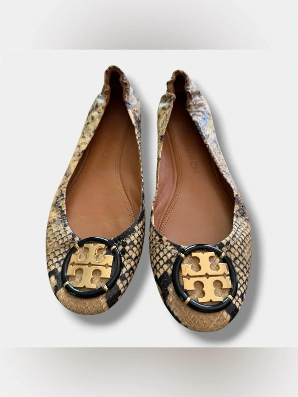 Tory Burch Snake Print Flats Gold Logo Medallion Ballet Shoes Women’s 10M